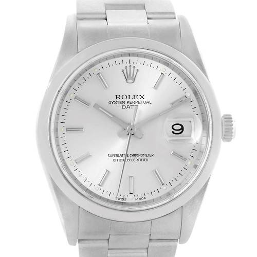 This image shows a frontal view of the Rolex Oyster Perpetual Date watch, highlighting the dial, hands, bezel, and bracelet.