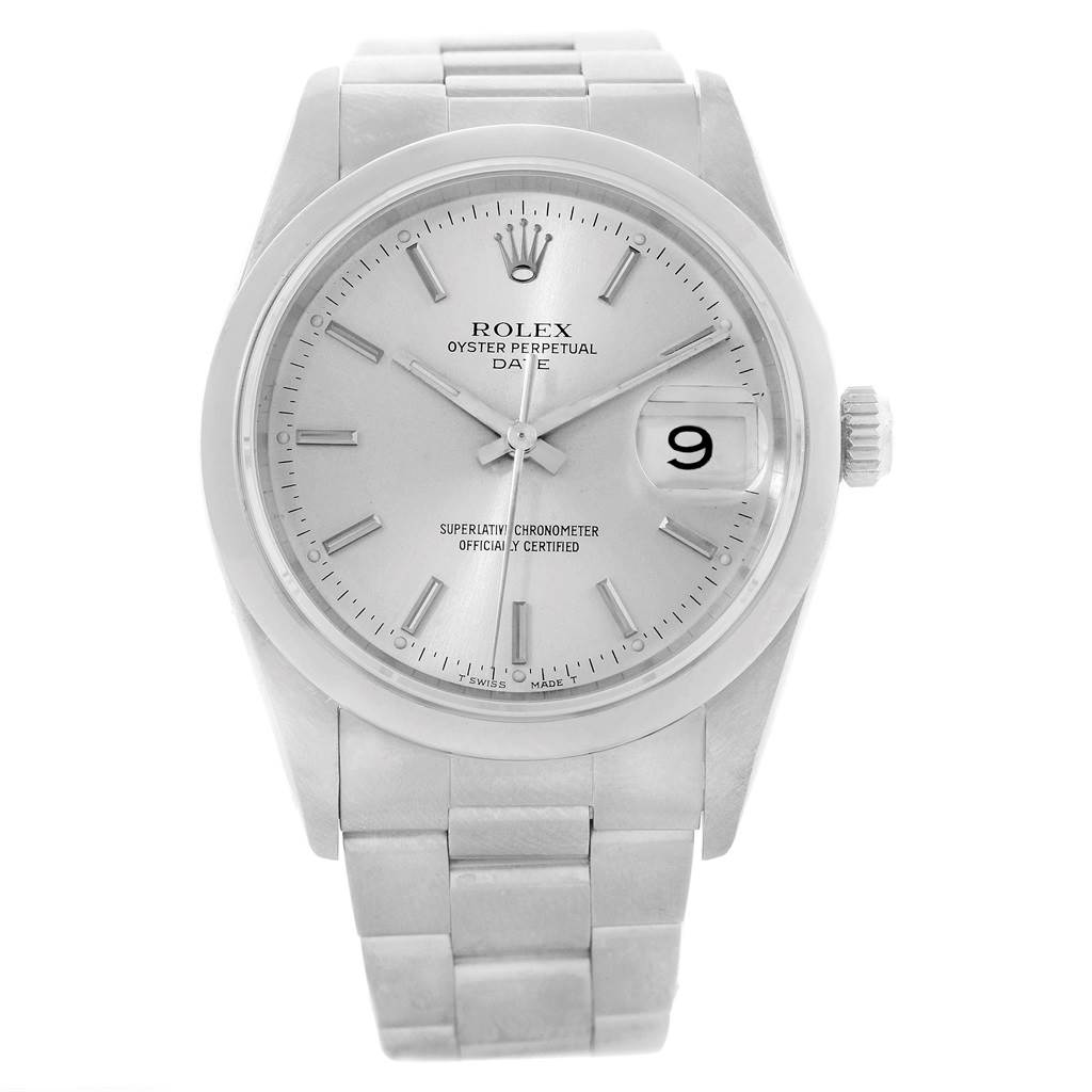 The image shows a front view of the Rolex Date 15200 Men's Stainless Steel Silver Dial 15200 Men's Stainless Steel Silver Dial model watch, displaying the face, bracelet, and crown.
