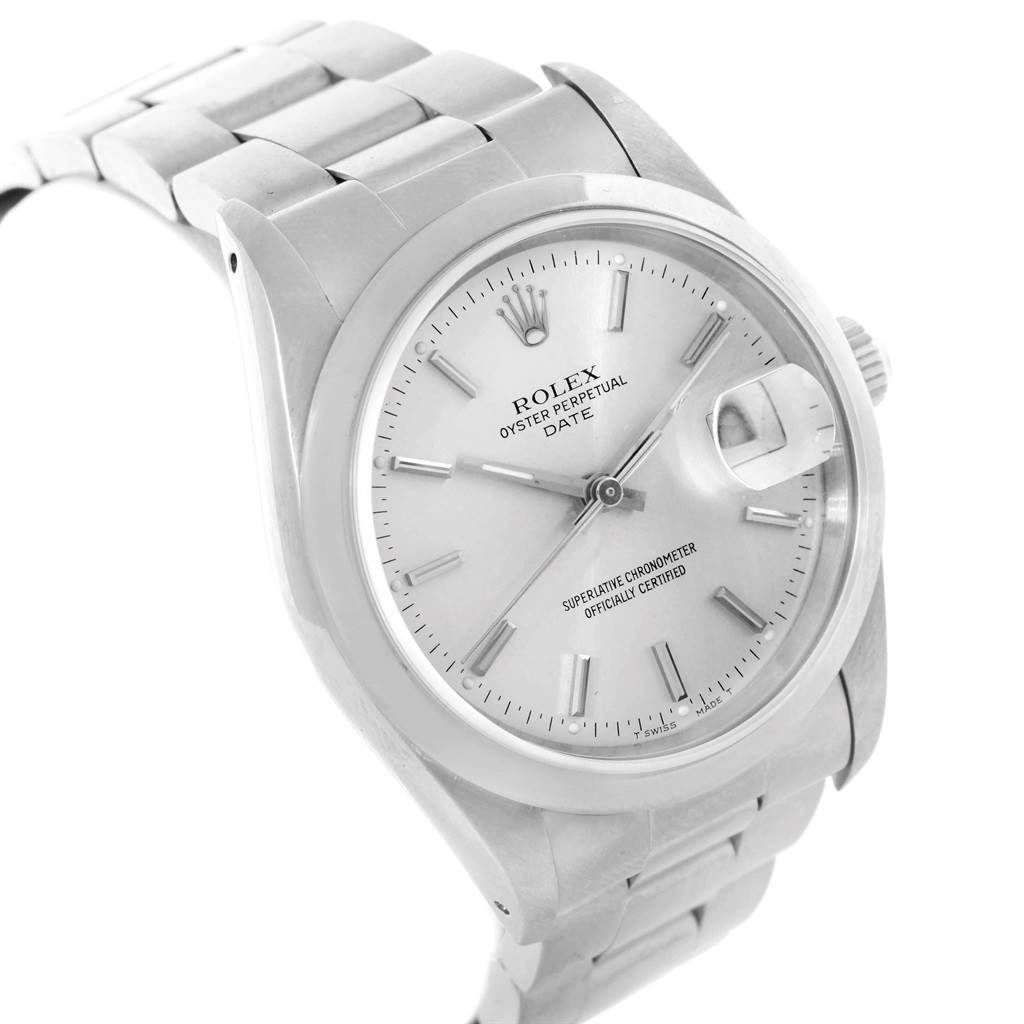 The Rolex Date 15200 Men's Stainless Steel Silver Dial 15200 Men's Stainless Steel Silver Dial watch is shown at a slight angled perspective, capturing the dial, bezel, and stainless steel bracelet.