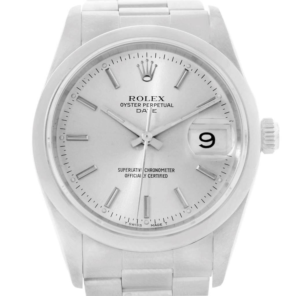 The image shows the full face and part of the bracelet of a Rolex Date 15200 Men's Stainless Steel Silver Dial 15200 Men's Stainless Steel Silver Dial model watch from a front angle.