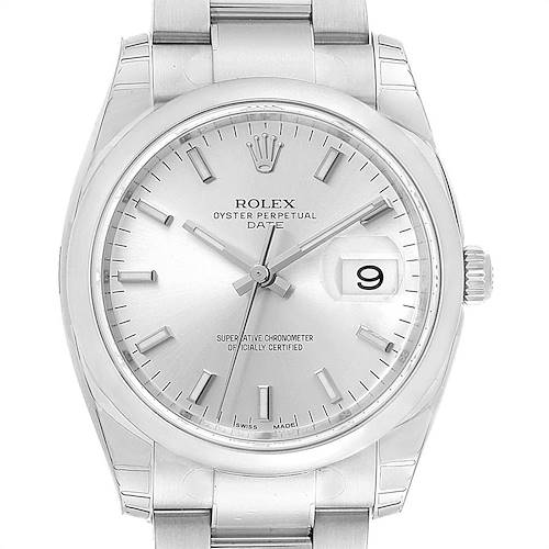 The image shows a front view of the Rolex Oyster Perpetual Date watch, highlighting the dial, hands, date window, and bracelet.