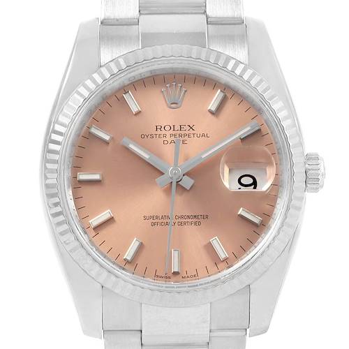 The image shows a Rolex Date 115234 Stainless Steel Pink Dial 115234 Stainless Steel Pink Dial model watch from a front angle, displaying the dial, hands, crown, and part of the bracelet.
