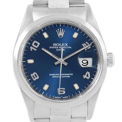 This image shows a front view of the Rolex Date 15200 Men's Stainless Steel Blue Dial 15200 Men's Stainless Steel Blue Dial model watch, highlighting the blue dial, date window, and part of the bracelet.