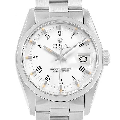 This is a front view of a Rolex Date 1500 Men's Stainless Steel White Dial 1500 Men's Stainless Steel White Dial model watch showing its dial, bezel, crown, and part of the bracelet.
