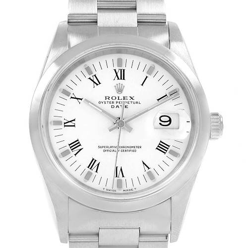 This image shows a front view of the Rolex Oyster Perpetual Date watch, displaying its dial, hands, date window, and part of the bracelet.