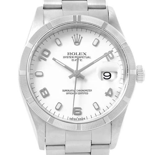 The image shows a front view of the Rolex Oyster Perpetual Date model, highlighting its dial, bezel, and bracelet.