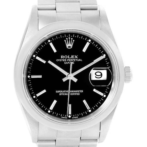 The image shows a front view of a Rolex Date 15200 Men's Stainless Steel Black Dial 15200 Men's Stainless Steel Black Dial Oyster Perpetual watch displaying the dial, hands, date window, and part of the bracelet.