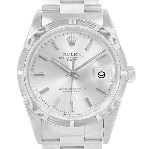 The image shows a front view of the Rolex Date 15210 Men's Stainless Steel Silver Dial 15210 Men's Stainless Steel Silver Dial watch, featuring the dial, hands, date window, bezel, and bracelet.