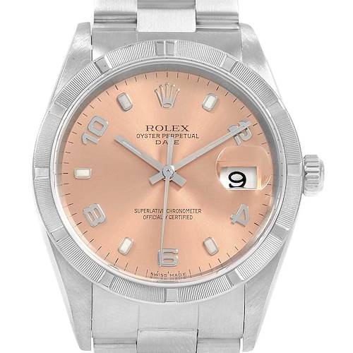 This image shows a Rolex Date 15210 Men's Stainless Steel Pink Dial 15210 Men's Stainless Steel Pink Dial model watch, highlighting the face, bezel, crown, and part of the bracelet from a frontal angle.