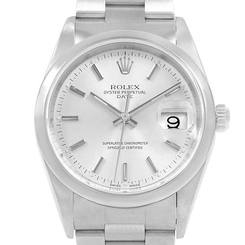 The image shows a front view of a Rolex Oyster Perpetual Date watch, displaying its face, bezel, crown, and part of the bracelet.