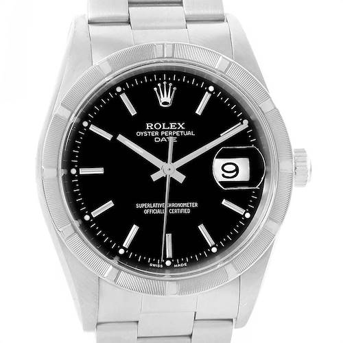 The image shows a frontal view of a Rolex Oyster Perpetual Date model watch, displaying the face, bezel, and part of the bracelet.