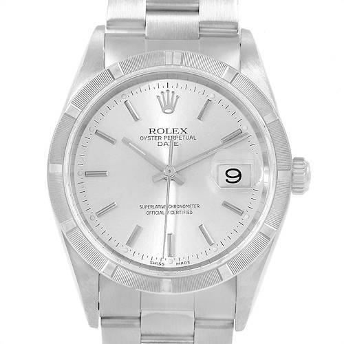 This image shows the Rolex Date 15210 Men's Stainless Steel Silver Dial 15210 Men's Stainless Steel Silver Dial model watch from a front angle, highlighting the face, bezel, crown, and part of the bracelet.