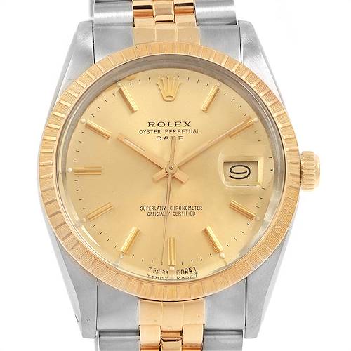 The image shows a front view of a Rolex Date 15053 Men's Steel and Gold (two tone) Champagne Dial 15053 Men's Steel and Gold (two tone) Champagne Dial model watch with a gold dial and a two-tone metal bracelet.