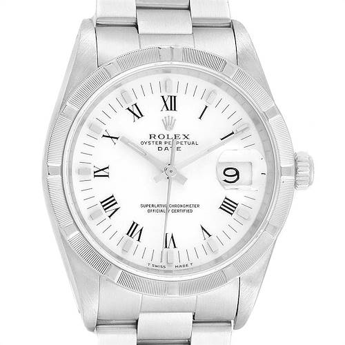 This image shows a front view of the Rolex Date 15210 Men's Stainless Steel White Dial 15210 Men's Stainless Steel White Dial model watch, displaying its face, dial, bezel, and part of the bracelet.