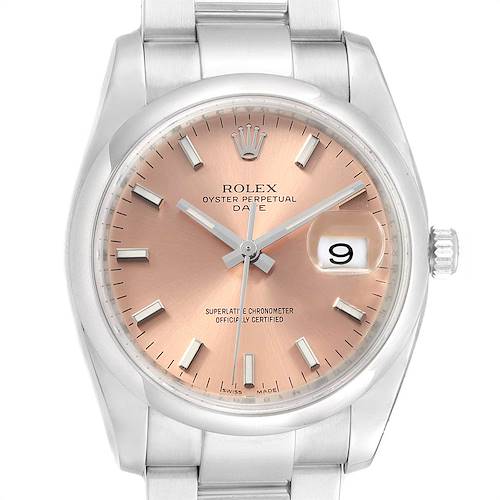 The image shows a front view of a Rolex Date 115200 Men's Stainless Steel Pink Dial 115200 Men's Stainless Steel Pink Dial model watch, highlighting the face, dial, hands, and date window.