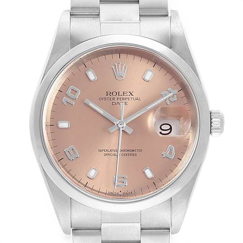 The image shows a front view of a Rolex Date 15200 Men's Stainless Steel Pink Dial 15200 Men's Stainless Steel Pink Dial model watch highlighting the face, hands, and bracelet.