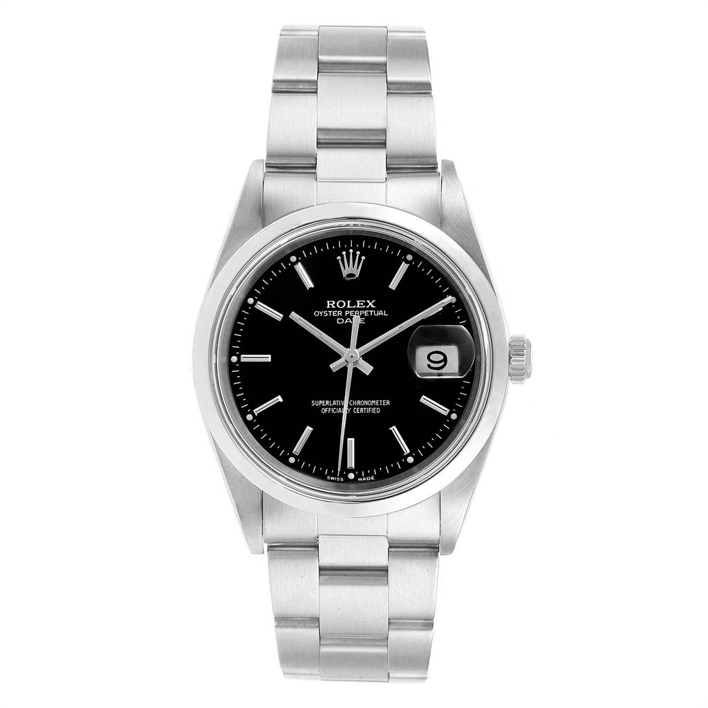 The image shows a full front view of a Rolex Date 15200 Men's Stainless Steel Black Dial 15200 Men's Stainless Steel Black Dial model watch, including its dial, case, and bracelet.