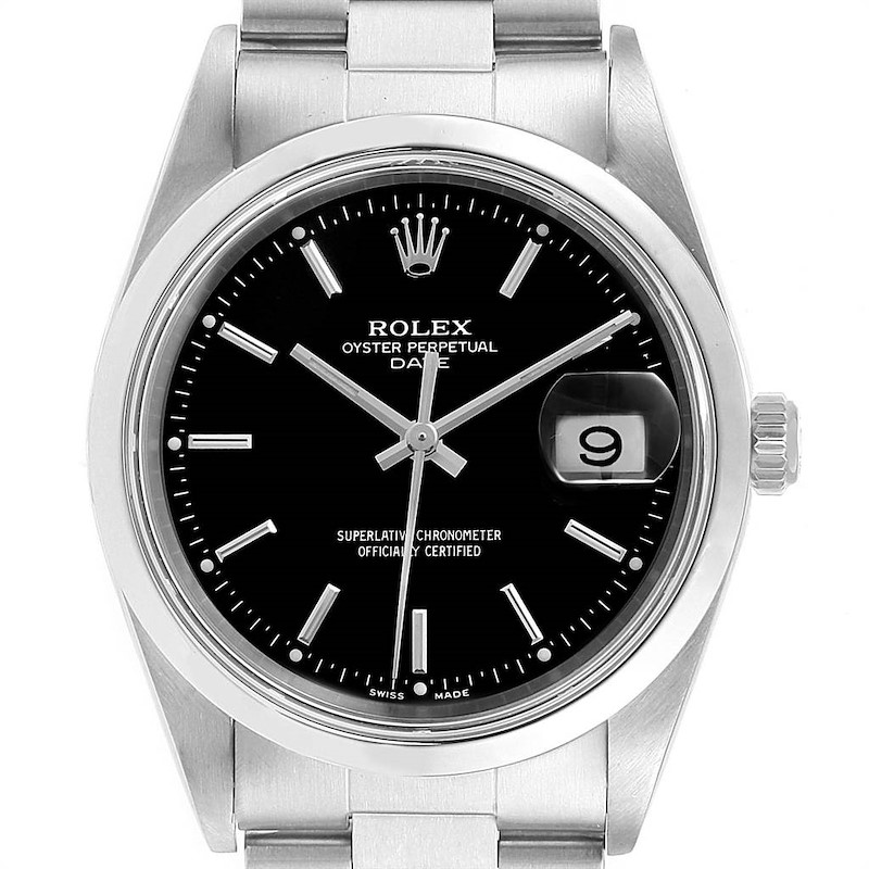 The image shows a front view of the Rolex Date 15200 Men's Stainless Steel Black Dial 15200 Men's Stainless Steel Black Dial model watch, displaying the dial, bezel, crown, and part of the bracelet.