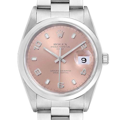 The image shows a front view of a Rolex Date 15200 Men's Stainless Steel Pink Dial 15200 Men's Stainless Steel Pink Dial model watch, displaying the dial, hands, date window, and part of the bracelet.
