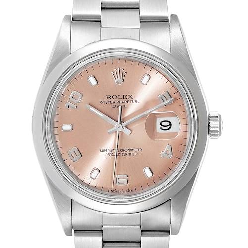 This Rolex Date 15200 Men's Stainless Steel Pink Dial 15200 Men's Stainless Steel Pink Dial model watch is shown from a front angle, displaying the face, date window, crown, and bracelet.