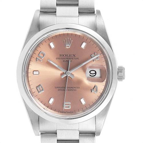 This image shows a front view of a Rolex Date 15200 Men's Stainless Steel Pink Dial 15200 Men's Stainless Steel Pink Dial model watch with a pink dial and silver bracelet.