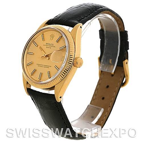 The image shows a Rolex Date 1503 Men's Yellow Gold Champagne Dial 1503 Men's Yellow Gold Champagne Dial watch at a three-quarter angle, highlighting its gold case, dial, and black leather strap.