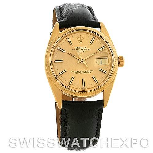 The image shows a front view of the Rolex Date 1503 Men's Yellow Gold Champagne Dial 1503 Men's Yellow Gold Champagne Dial model watch, highlighting its gold dial, crown, and black leather strap.