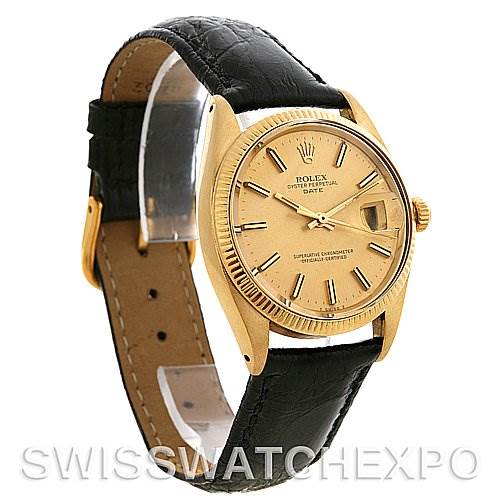 The image shows a side-front view of the Rolex Date 1503 Men's Yellow Gold Champagne Dial 1503 Men's Yellow Gold Champagne Dial model, highlighting the face, bezel, and leather strap.