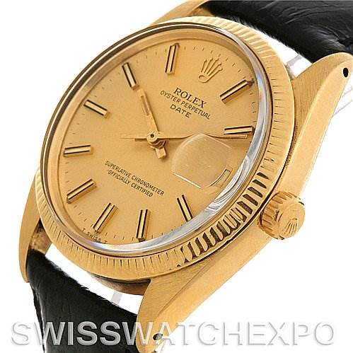 This image shows a close-up angle of a Rolex Date 1503 Men's Yellow Gold Champagne Dial 1503 Men's Yellow Gold Champagne Dial model, highlighting the dial, bezel, crown, and part of the leather strap.