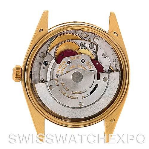 This image shows the movement and internal mechanism of a Rolex Date 1503 Men's Yellow Gold Champagne Dial 1503 Men's Yellow Gold Champagne Dial model watch, viewed from the back without the case back.