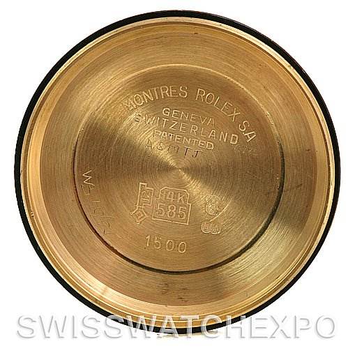 This image shows the inside case back of a Rolex Date 1503 Men's Yellow Gold Champagne Dial 1503 Men's Yellow Gold Champagne Dial model watch, engraved with brand information and hallmarks.