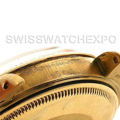 This image shows an angled close-up of the side of a Rolex Date 1503 Men's Yellow Gold Champagne Dial 1503 Men's Yellow Gold Champagne Dial model watch case, highlighting the engraved model number "1503".
