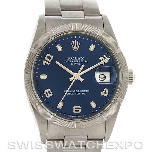The image shows a front view of a Rolex Date 15210 Men's Stainless Steel Blue Dial 15210 Men's Stainless Steel Blue Dial model watch, highlighting the dial, hands, date window, and part of the bracelet.