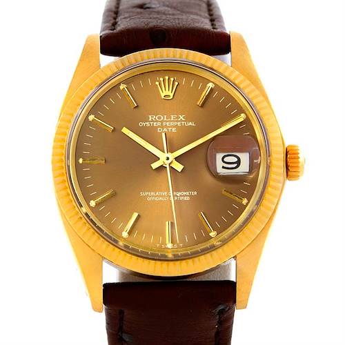 The Rolex Date 1503 Men's Yellow Gold Brown Dial 1503 Men's Yellow Gold Brown Dial model watch is shown from a front angle, displaying its dial, bezel, crown, and leather strap.