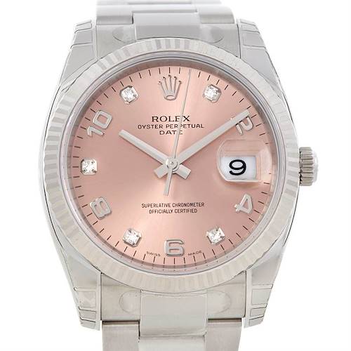 This image shows the front view of a Rolex Date 115234 Men's Stainless Steel Pink Dial 115234 Men's Stainless Steel Pink Dial model watch, highlighting its face, bezel, and part of the bracelet.