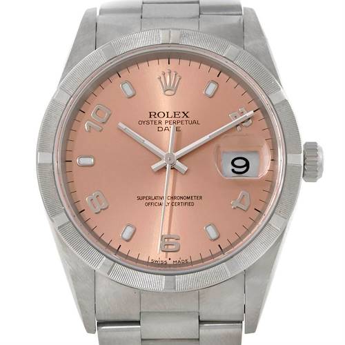 This image shows a Rolex Date 15210 Men's Stainless Steel Pink Dial 15210 Men's Stainless Steel Pink Dial model watch from a front angle, highlighting its face, bezel, and part of the bracelet.