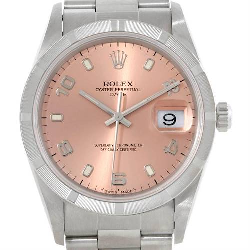 The image shows a front view of a Rolex Date 15210 Men's Stainless Steel Pink Dial 15210 Men's Stainless Steel Pink Dial model watch with a salmon-colored dial and a stainless steel bracelet.