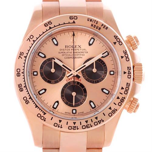 The image shows a frontal view of a Rolex Daytona 116505 Men's Rose Gold Pink Dial 116505 Men's Rose Gold Pink Dial watch, highlighting its face, bezel, and pushers.