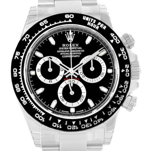 The image shows a frontal view of a Rolex Daytona 116500 Men's Stainless Steel Black Dial 116500 Men's Stainless Steel Black Dial watch, highlighting the black dial, chronograph sub-dials, and tachymeter bezel.