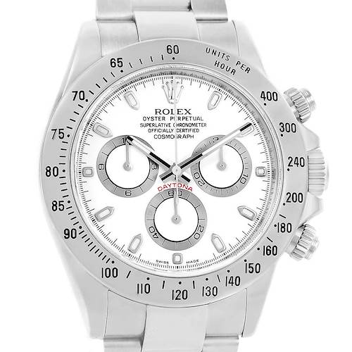 The image shows a frontal view of a Rolex Daytona 116520 Men's Stainless Steel White Dial 116520 Men's Stainless Steel White Dial watch, highlighting its white dial, sub-dials, and stainless steel bezel and bracelet.
