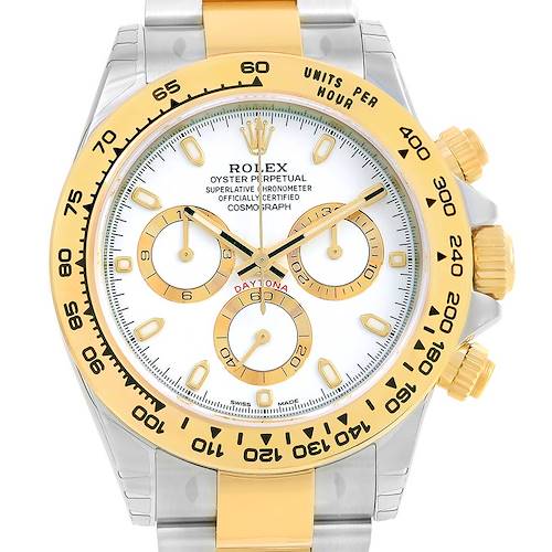The image shows a front view of a Rolex Daytona 116503 Men's Steel and Gold (two tone) White Dial 116503 Men's Steel and Gold (two tone) White Dial watch, displaying its face, bezel, and part of the bracelet.