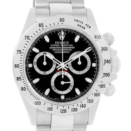The image shows a front view of the Rolex Daytona 116520 Men's Stainless Steel Black Dial 116520 Men's Stainless Steel Black Dial watch, highlighting its black dial and silver subdials.
