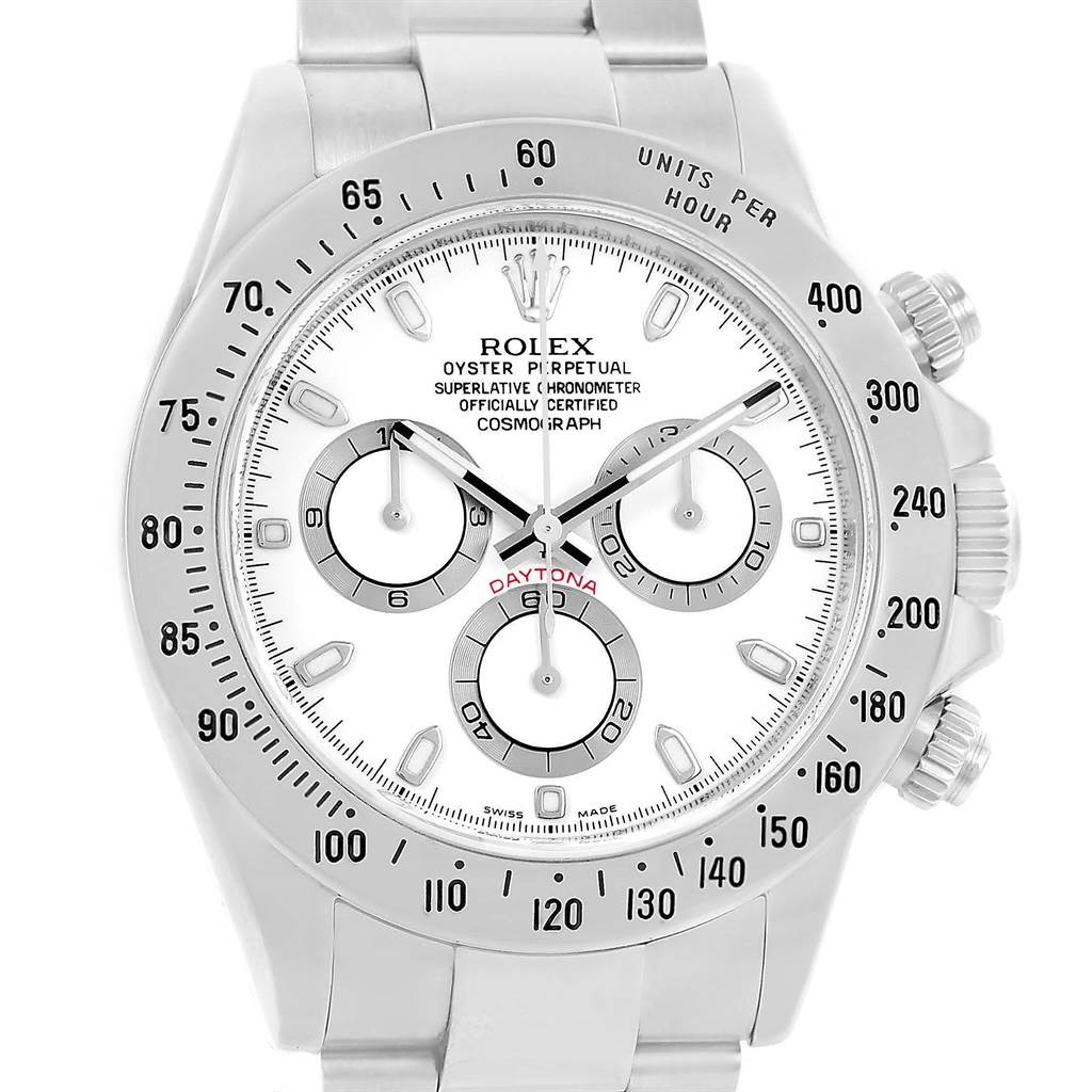 The image shows a front view of a Rolex Daytona 116520 Men's Stainless Steel White Dial 116520 Men's Stainless Steel White Dial watch, highlighting its dial, subdials, bezel, and bracelet.