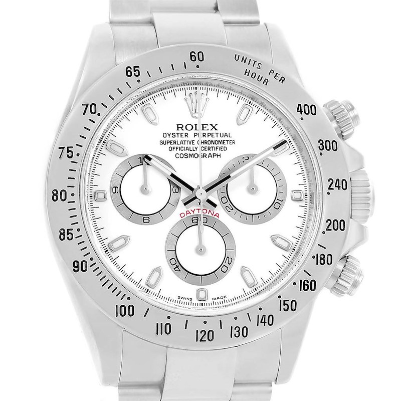 The image shows a front view of a Rolex Daytona 116520 Men's Stainless Steel White Dial 116520 Men's Stainless Steel White Dial watch, highlighting its dial, subdials, bezel, and bracelet.
