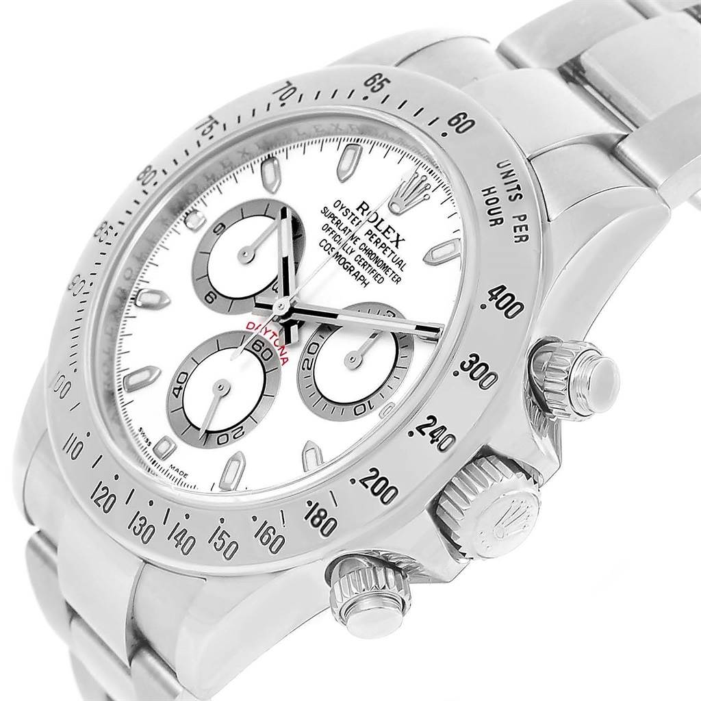 This image displays a close-up angled view of the Rolex Daytona 116520 Men's Stainless Steel White Dial 116520 Men's Stainless Steel White Dial watch, highlighting the dial, bezel, and side buttons.