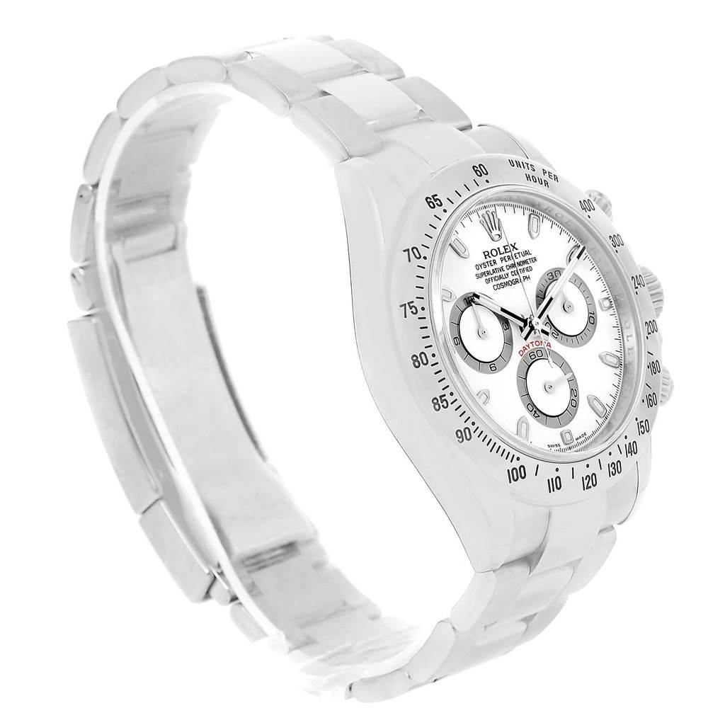 The image shows a side view of a Rolex Daytona 116520 Men's Stainless Steel White Dial 116520 Men's Stainless Steel White Dial watch, highlighting its face, bezel, and a partial view of the bracelet.
