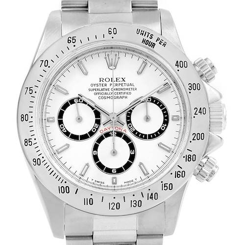 The image shows a front view of a Rolex Daytona 16520 Men's Stainless Steel White Dial 16520 Men's Stainless Steel White Dial watch, detailing the dial, bezel, and crown.