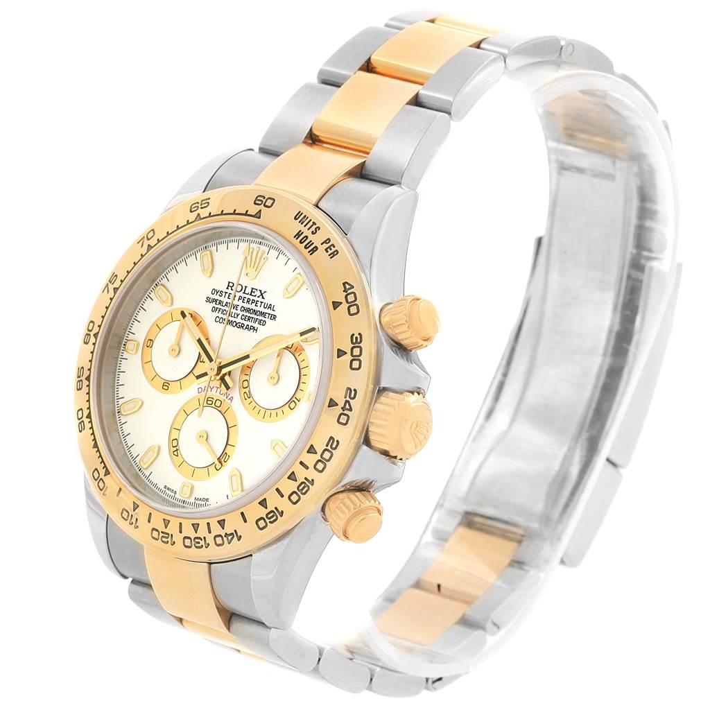 The image shows a Rolex Daytona 116503 Men's Steel and Gold (two tone) White Dial 116503 Men's Steel and Gold (two tone) White Dial watch at a three-quarter angle, highlighting the dial, bezel, crown, and bracelet.