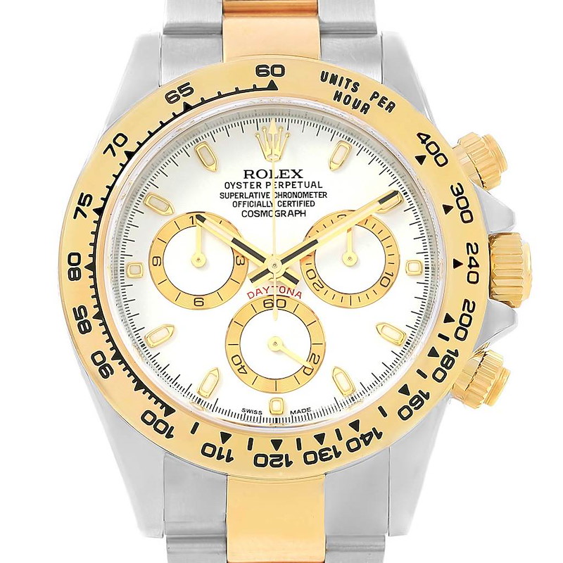 This image shows a frontal view of a Rolex Daytona 116503 Men's Steel and Gold (two tone) White Dial 116503 Men's Steel and Gold (two tone) White Dial watch, highlighting its dial, bezel, and crown.