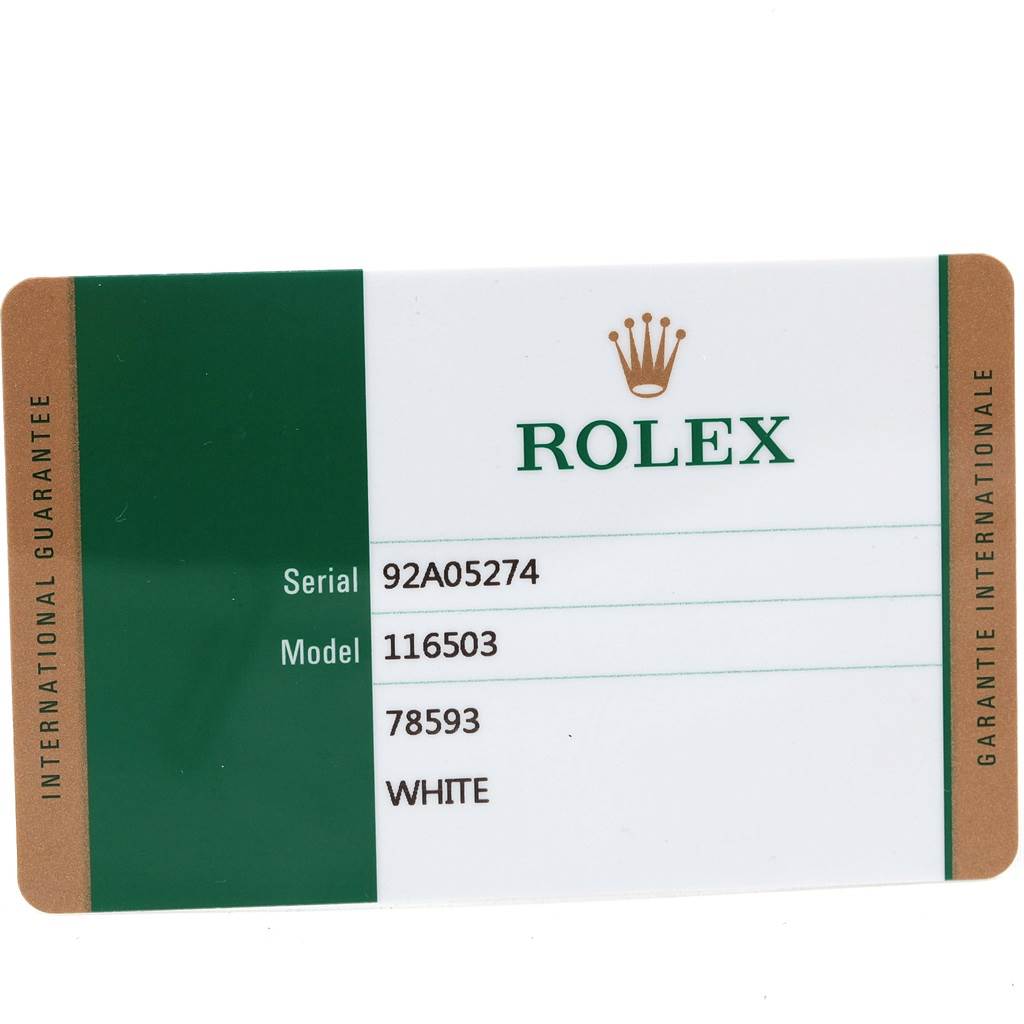 This image shows an International Guarantee card for a Rolex Daytona 116503 Men's Steel and Gold (two tone) White Dial 116503 Men's Steel and Gold (two tone) White Dial model watch, with the serial number and model details visible.